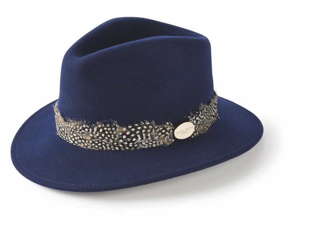 The Suffolk Fedora in Navy (Guinea Feather Wrap)
